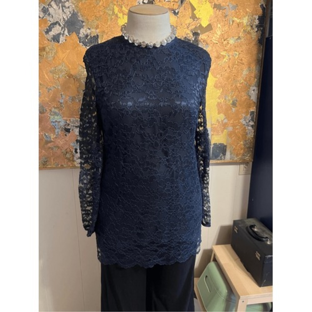 Talbots Petite Dressy Navy Blue Lace Sheer Long Slleved Tunic 12P